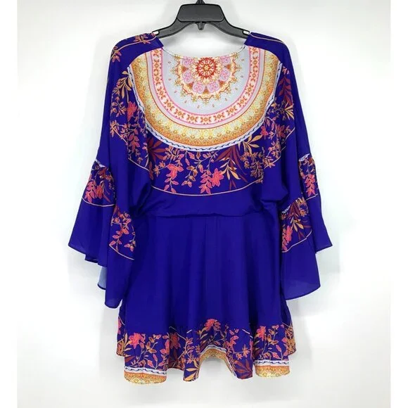 Umgee Top Blue V Neck Bell Sleeve Boho Medallion Printed - Picture 9 of 11